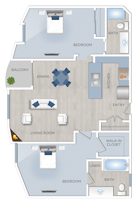 Floor plan for 2 beds, 2 baths, 1189 sqft